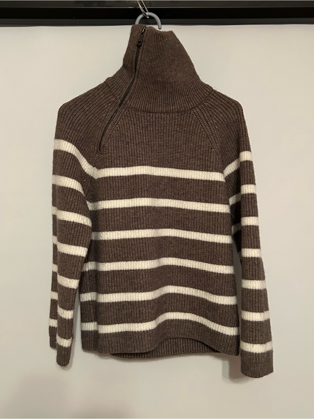 Hem & Thread Brown and Cream Striped Half-Zip Turtleneck Sweater